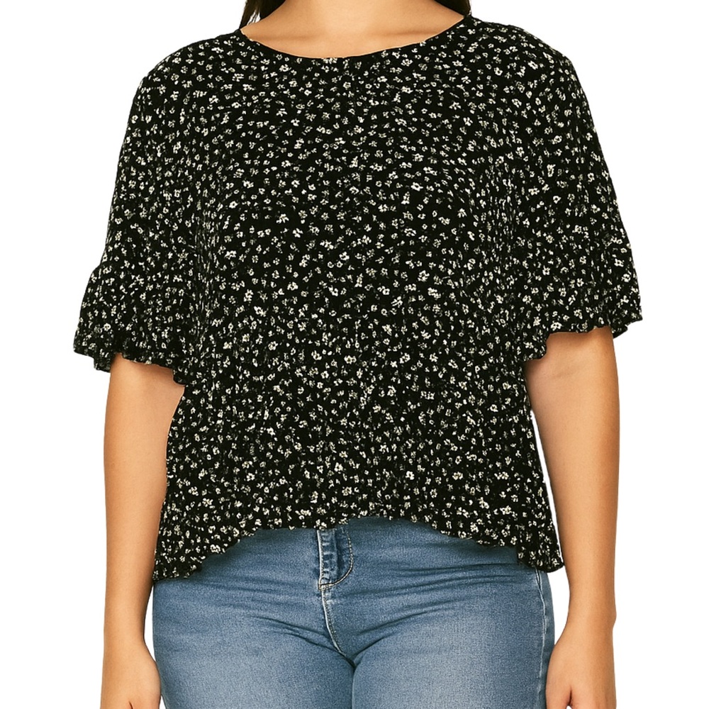 Paper Crane Black White Ditsy Floral Summer Blouse Whimsical Boho Babydoll Top